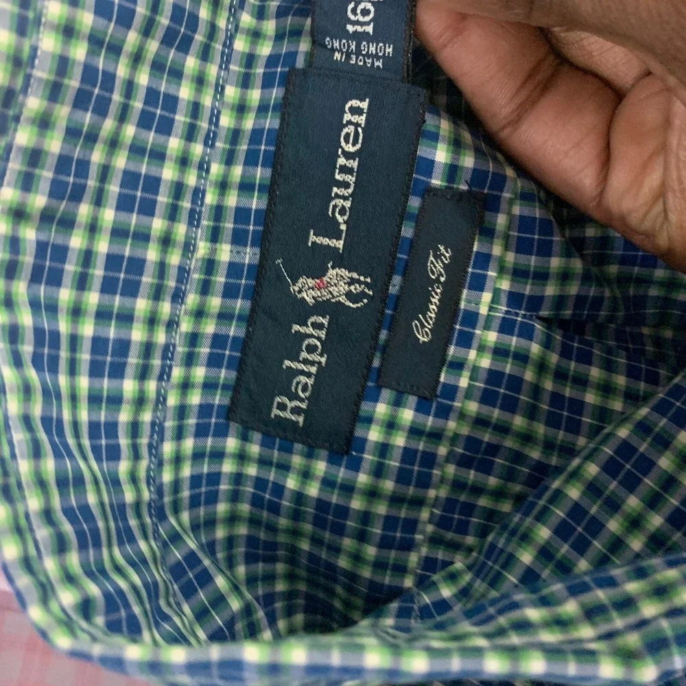 Polo Ralph Lauren Classic Fit Blue Green Check Button Down Shirt Preppy 16 32/33